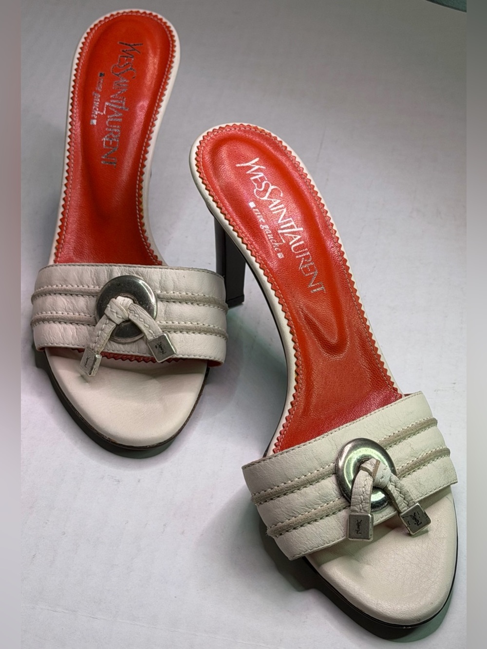 Y2K Tom Ford Era YSL Rive Gauche NWT Cream Leather Ring Mule Heels EU 38